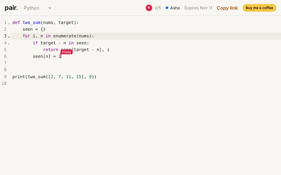 Screenshot of Pair code